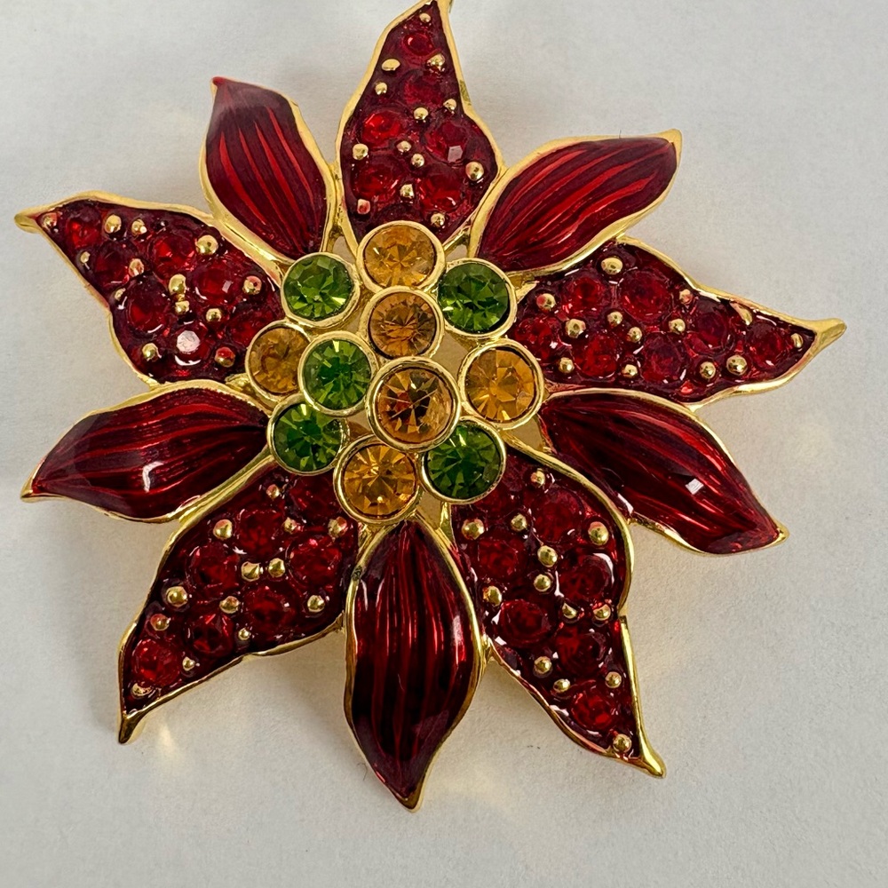 Vintage Christopher Radko Jewel Enamel Poinsettia Holiday Brooch
